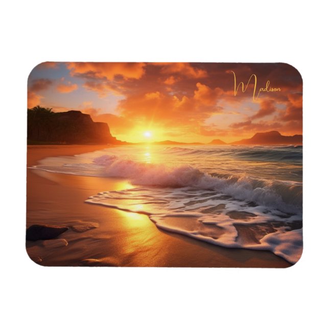 Íman Nome personalizado Sunset de praia tropical (Horizontal)