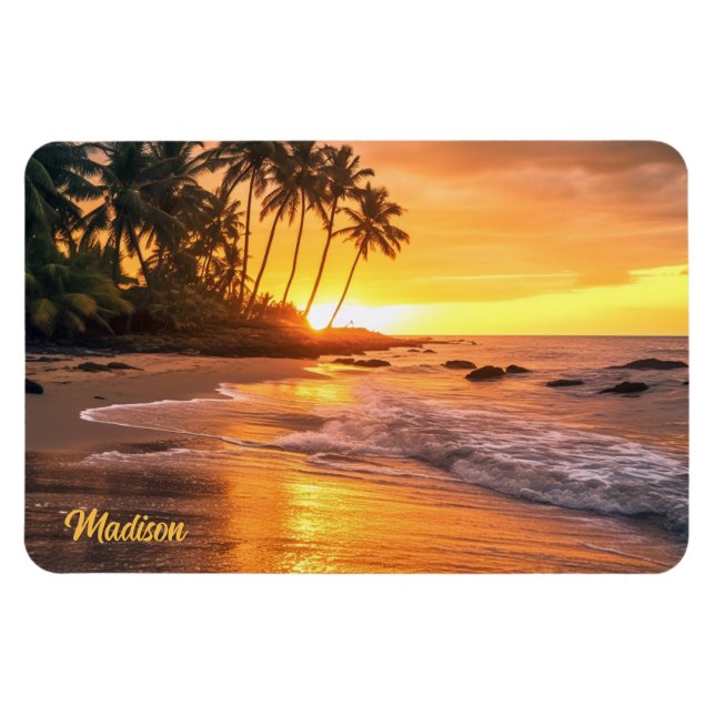 Íman Nome personalizado Sunset de praia tropical (Horizontal)