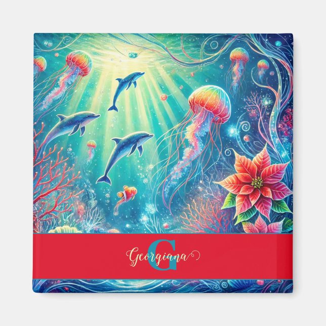 Íman Nome Personalizado Whimsical Floral Coral Reef Poi (Frente)