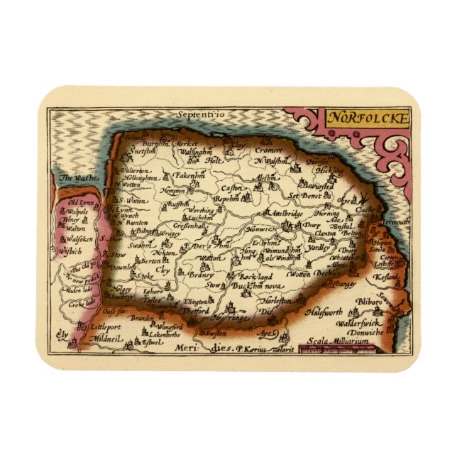 Íman Norfolk "Norfolcke" County England Antigo Mapa do  (Horizontal)