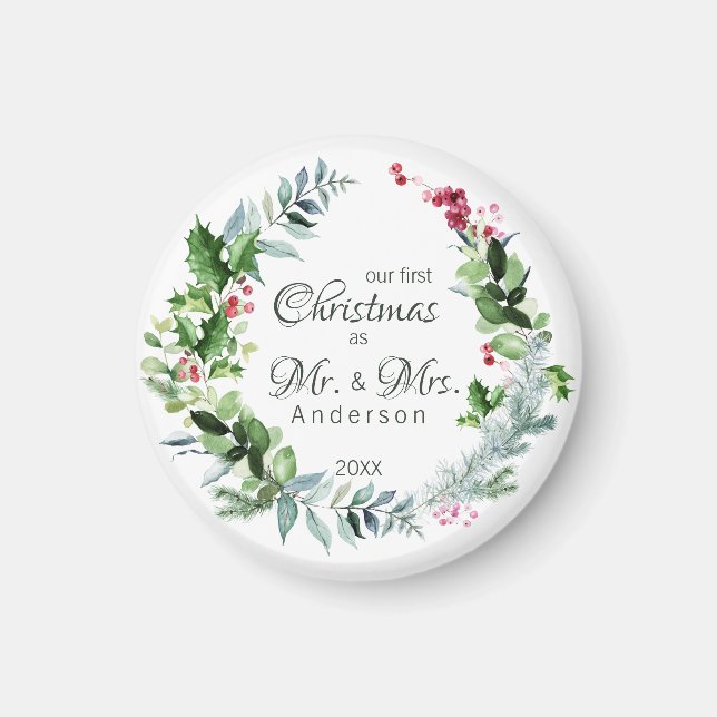 Íman Nosso Primeiro Natal como Sr. e Sra. Modern Wreath (Frente)