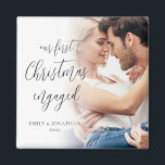 Íman Nosso Primeiro Natal Envolvido Nomes de Fotos<br><div class="desc">Nosso Primeiro Natal Envolveu O Nome Personalizado De Fotografias Do Ano. Um design totalmente personalizável, especialmente para celebrar o primeiro Natal do casal feliz após o seu noivado. Um belo roteiro de caligrafia para o texto do cabeçalho. Personalize facilmente com seus nomes e o ano e substitua a foto de...</div>