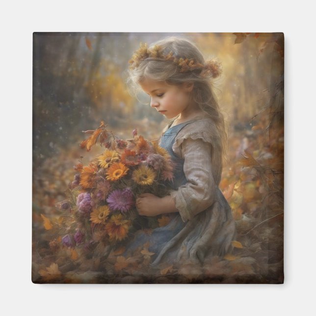 Íman Nostalgic Autumn Child with Wildflower Bouquet (Frente)