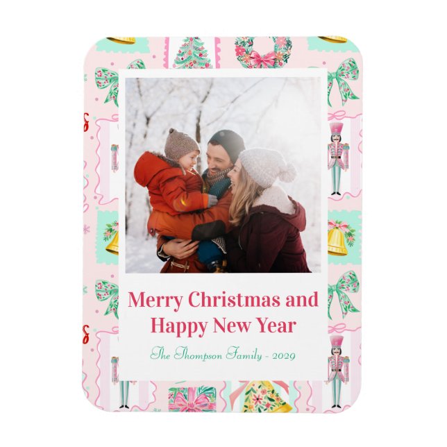 Íman Nutcracker Rosa e Verde Foto Personalizada de Nata (Vertical)