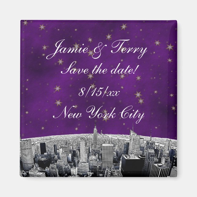 Íman NYC Skyline 2 Purple Dourado Star Data de Salvamen (Frente)