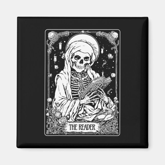 Íman O esqueleto da placa tarot do leitor Bookish Hallo (Frente)