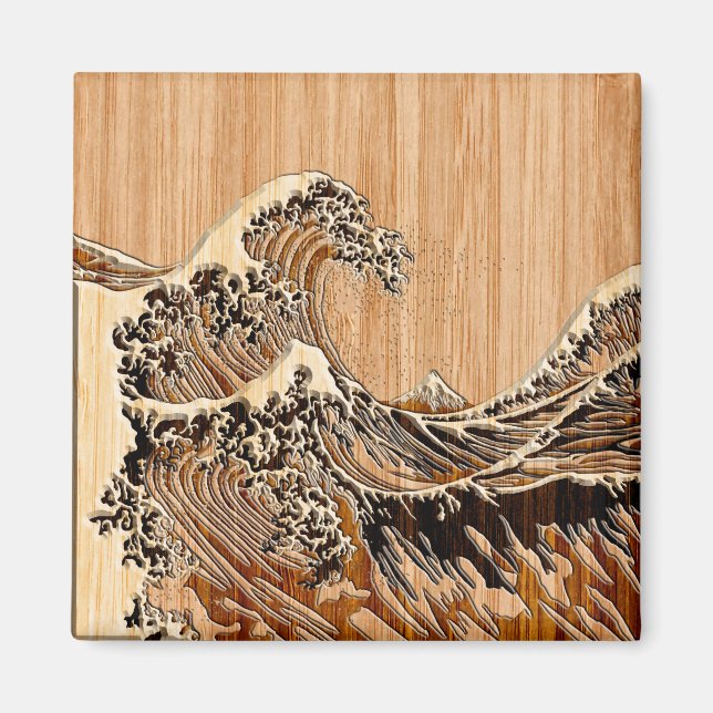 Íman O Excelente Hokusai Wave Bamboo Wood Grain Style (Frente)
