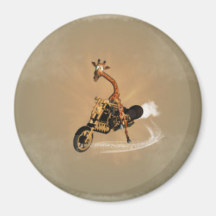 Íman O girafa engraçado conduz um velomotor