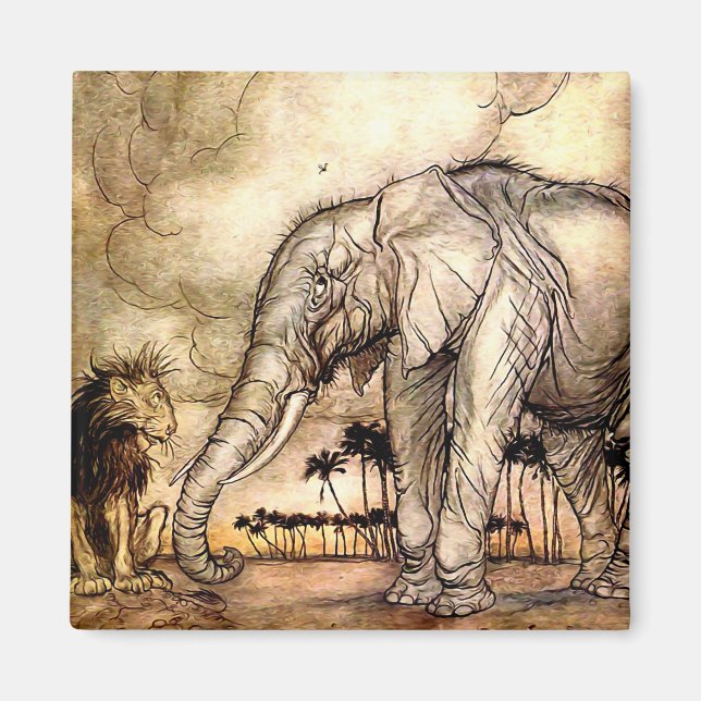 Íman "O Leão e o Elefante" por Arthur Rackham (Frente)