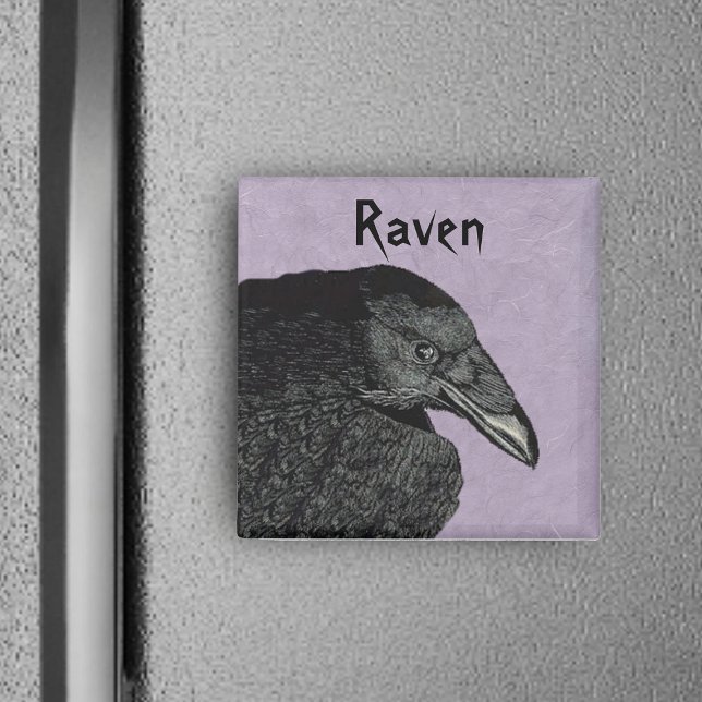 Íman O Magnet Raven (Head wing of black spooky Raven bird on marbled purple square magnet.)