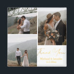 Íman obrigado, casamento com letra dourada 3 fotos<br><div class="desc">elegante ímã de agradecimento de casamento com caligrafia dourada. colagem de três fotos Obrigado.</div>