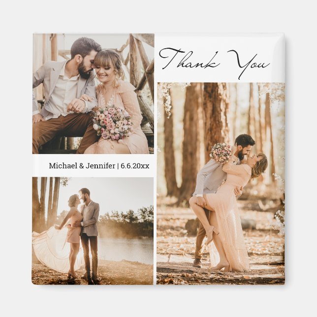 Íman obrigado colagem de 3 fotos casamento elegante (Frente)