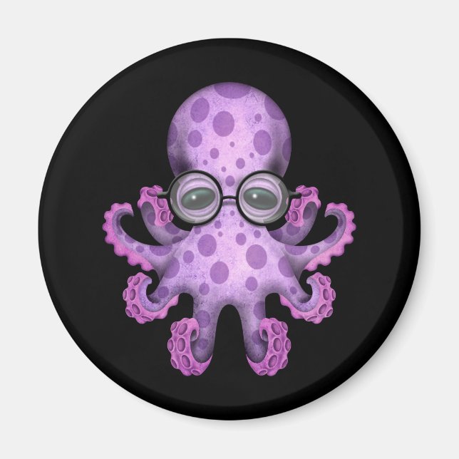 Íman Octopus de bebê roxo, bonito, Vestindo óculos em p (Frente)