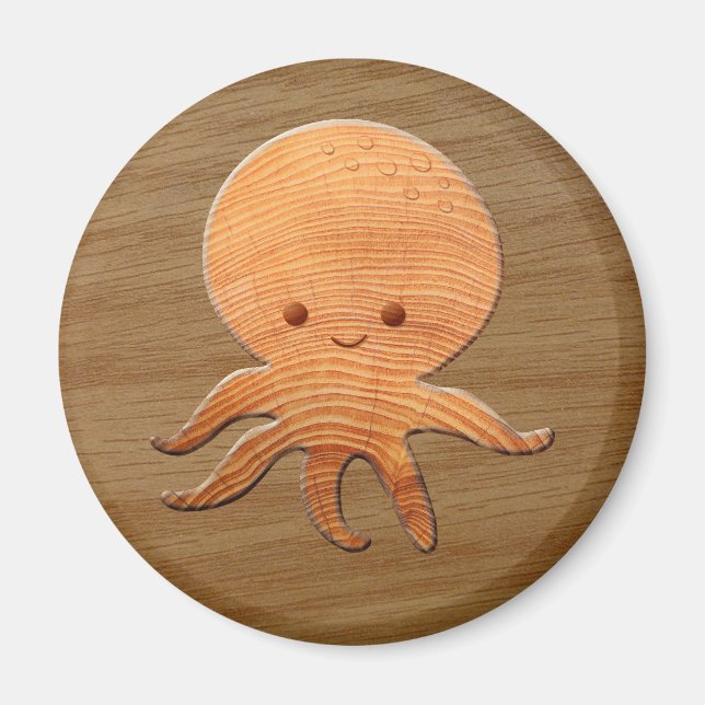 Íman Octopus De Cartoon Bonito Com Impressão De Madeira (Frente)