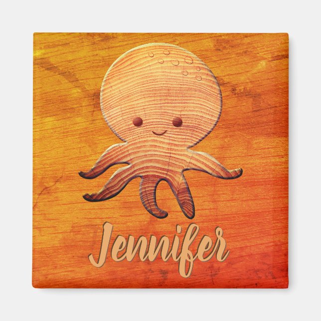 Íman Octopus De Cartoon Bonito Com Impressão De Madeira (Frente)