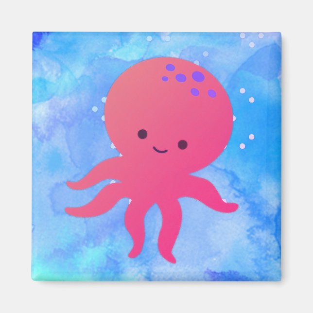 Íman Octopus De Cartoon Em Azul-Oceânico (Frente)