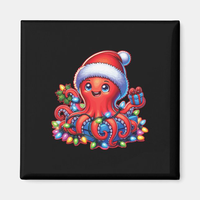 Íman Octopus De Natal Com Santa Hat E Luz De Férias (Frente)