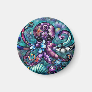 Íman Octopus Floral Teal Roxo Azul Costeira
