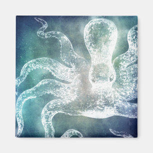 Íman Octopus Meia-Noite Azul Tear Aquarela Vintage Art