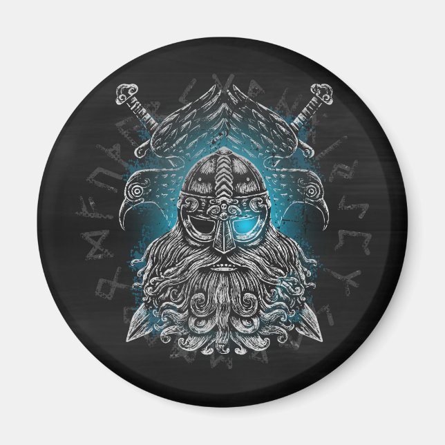 Íman Odin Corvos e Espadas Olho Luminoso Azul deus nórd (Frente)