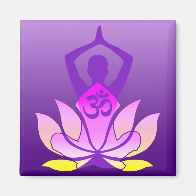 Íman Om Lotus Flower Yoga Pose no Gradiente Roxo (Frente)