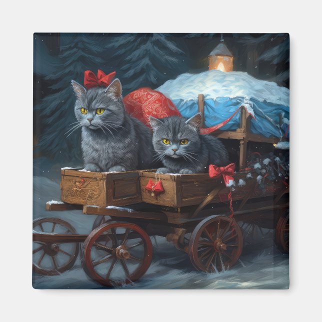 Íman Oriental Blue Cat Snowy Sleigh Decência de Natal (Frente)