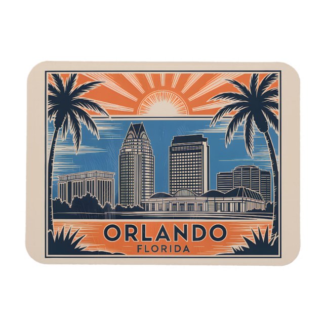 Íman Orlando Florida Skyline Médio Century Estilo Vinta (Horizontal)