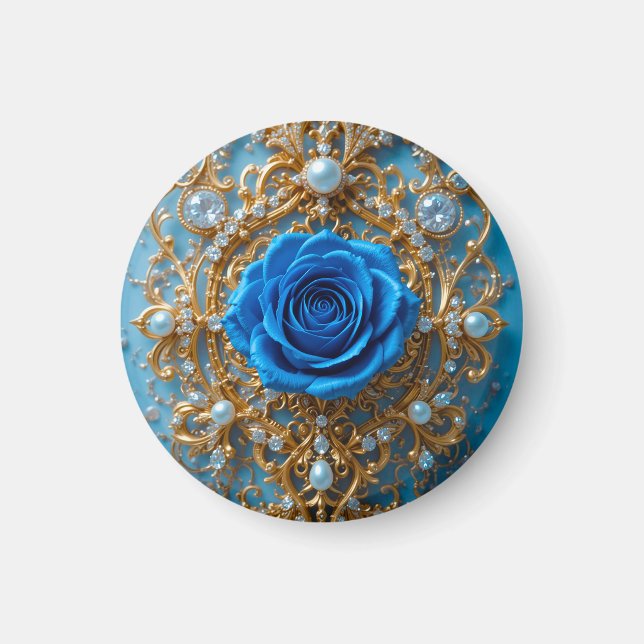 Íman 🌹 Ornamento de Rosa Azul Dourada Para Decoração d (Frente)