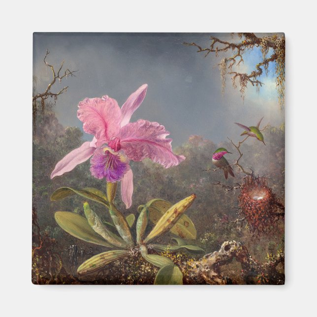 Íman Orquídea Cattleya e três beija-flores por Heade (Frente)