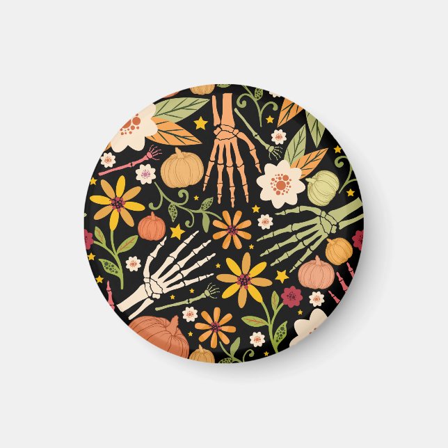 Íman Ossos de Halloween, padrão floral uniforme. (Frente)