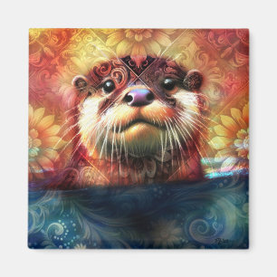 Íman Otter Abstrato Floral Teal Laranja Vermelho Laranj