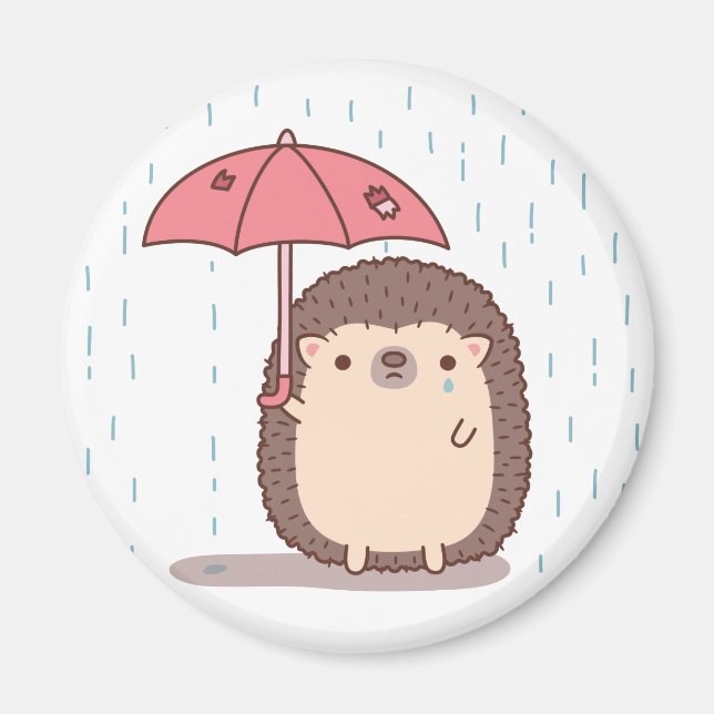 Íman ouriço triste na chuva com guarda-chuva rasgado (Frente)