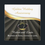 Íman Ouro 50º Aniversário Religioso de Casamento<br><div class="desc">Este presente de parabéns é a forma perfeita de comemorar um aniversário de 50 anos de casamento de um casal com um toque religioso. A design apresenta dois anéis de coração entrelaçados com um olhar de ouro sobre um fundo preto, simbolizando o casal durante o amor e o compromisso um...</div>