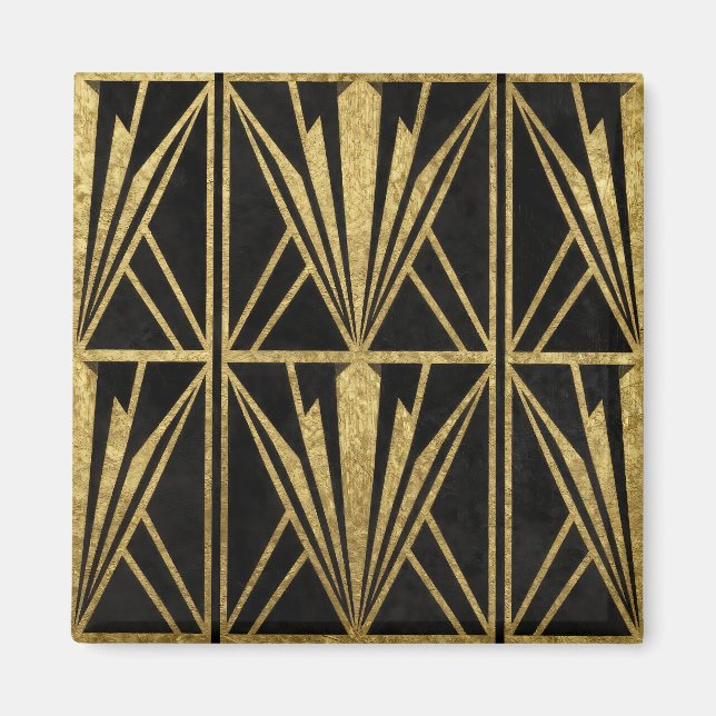 Íman Ouro Art Deco Padrão de Leque Geométrico Preto (Frente)