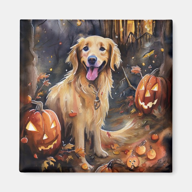 Íman Ouro De Halloween Retriever Com Pumpkins Assustado (Frente)