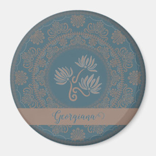 Íman Ouro Personalizado Teal Rococo Lotus Dot Mandala