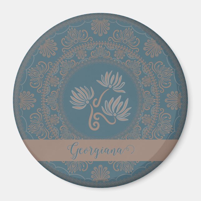 Íman Ouro Personalizado Teal Rococo Lotus Dot Mandala (Frente)