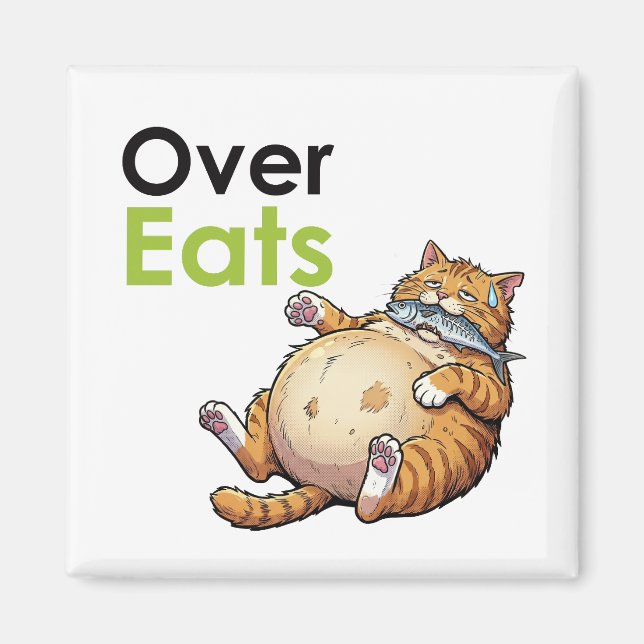 Íman Over Eats - Funny Fat Cat Eating Fish Cartoon (Frente)