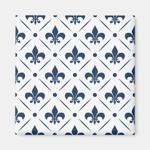 Íman Padrão azul escuro Fleur De Lis sobre fundo branco