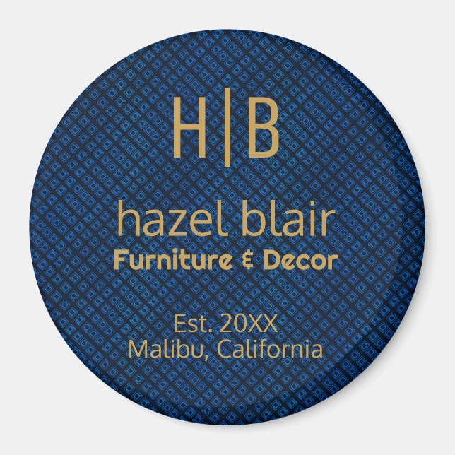 Íman Padrão Azul Minimalista Dourado Monograma Comercia (Frente)