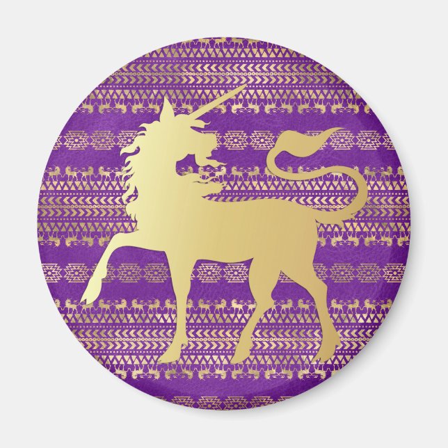 Íman Padrão Boêmio Dourado e Roxo & Unicórnio (Frente)