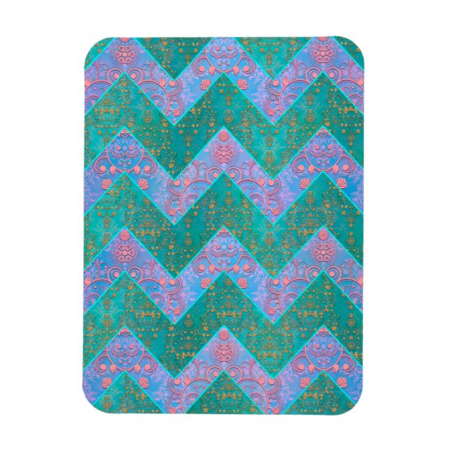 Íman Padrão Chevron Azul Turquesa Roxo Damask (Vertical)