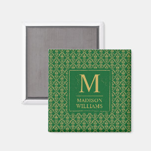Íman Padrão Damask Seamless Verde Esmeralda e Dourado