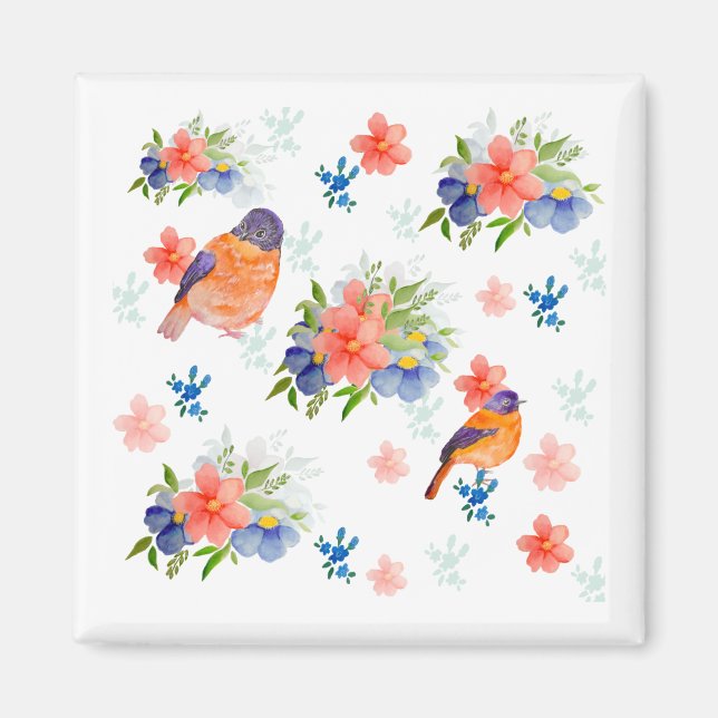 Íman Padrão de aquarela com aves e flores (Frente)