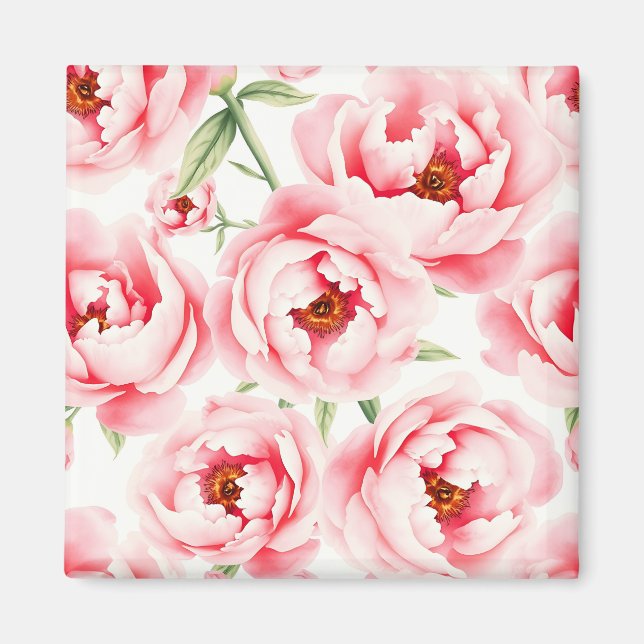 Íman Padrão de aquarela de flores de peônia rosa (Frente)