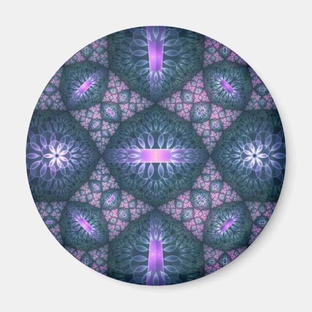 Íman Padrão de Arte Fractal 3D Turquesa Rosa Roxo (Frente)