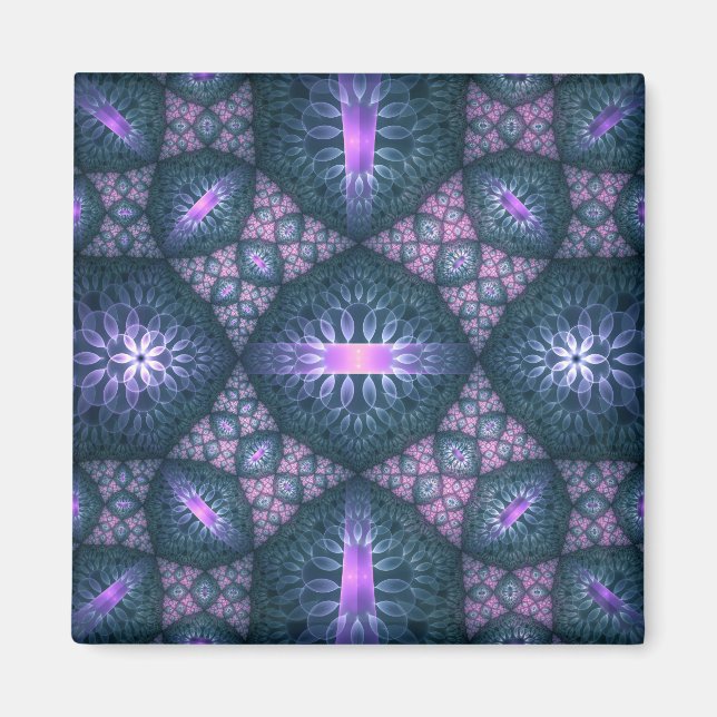 Íman Padrão de arte fractal 3D turquesa roxo rosa (Frente)