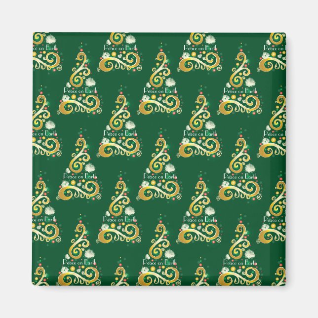 Íman Padrão de árvore de Natal abstrato verde e dourado (Frente)