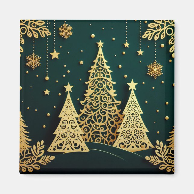Íman Padrão de Árvore de Natal Dourada Elegante (Frente)