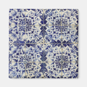 Íman Padrão de Azulejo Branco Geométrico Azul Vintage